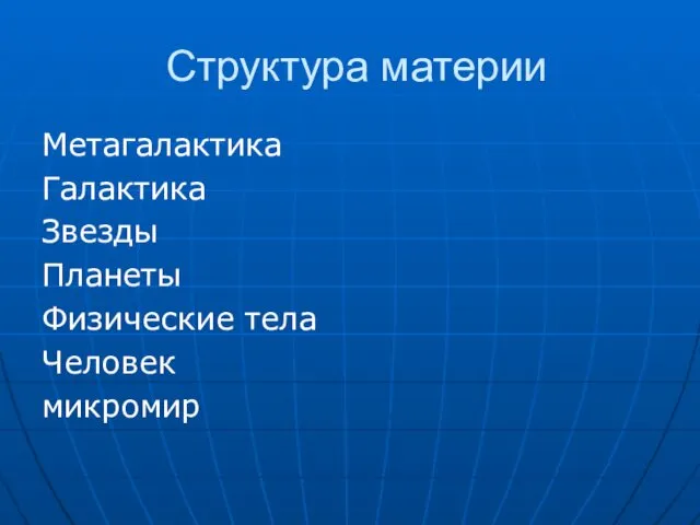 Структура материи Метагалактика Галактика Звезды Планеты Физические тела Человек микромир