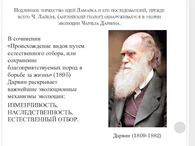 Подлинное торжество идей Ламарка и его последователей, прежде всего Ч.