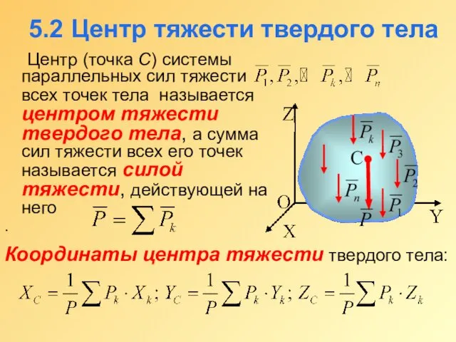 5.2 Центр тяжести твердого тела Центр (точка С) системы параллельных