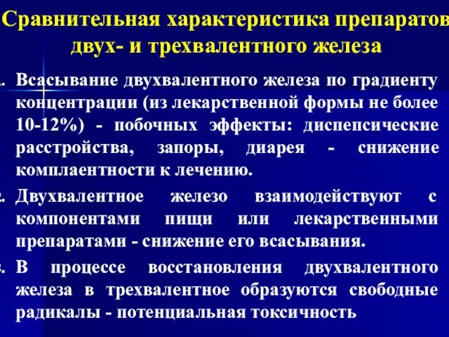 Сравнительная характеристика препаратов двух- и трехвалентного железа Всасывание двухвалентного железа