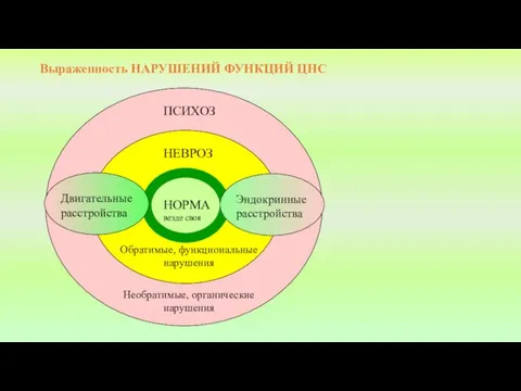 Выраженность НАРУШЕНИЙ ФУНКЦИЙ ЦНС НОРМА везде своя НЕВРОЗ ПСИХОЗ Обратимые, функциональные нарушения Необратимые,