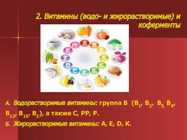 2. Витамины (водо- и жирорастворимые) и коферменты А. Водорастворимые витамины: группа В (В1,