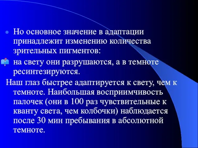 Но основное значение в адаптации принадлежит изменению количества зрительных пигментов: