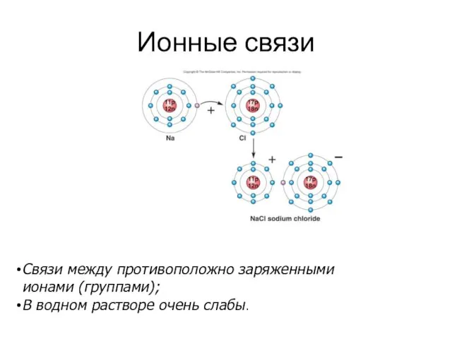 Ионные связи Связи между противоположно заряженными ионами (группами); В водном растворе очень слабы.