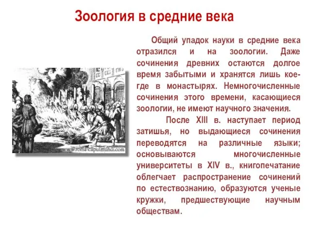 Зоология в средние века Общий упадок науки в средние века