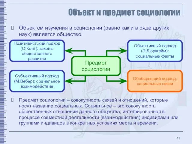 Объект и предмет социологии Объектом изучения в социологии (равно как