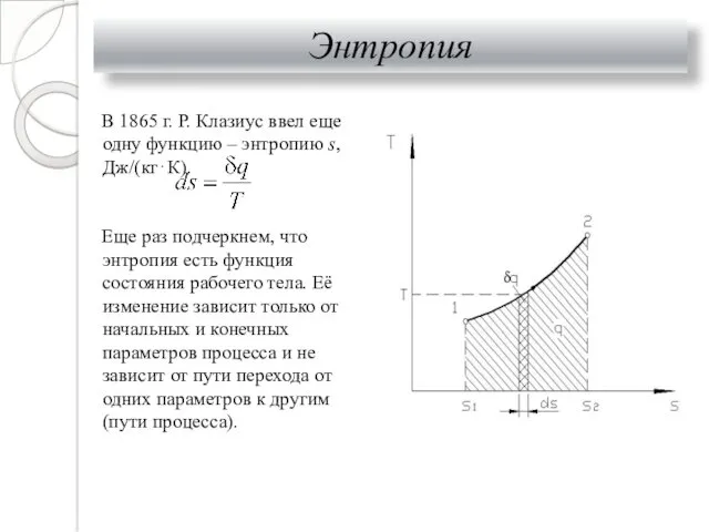 Энтропия В 1865 г. Р. Клазиус ввел еще одну функцию