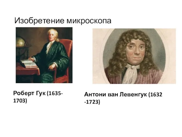 Изобретение микроскопа Роберт Гук (1635- 1703) Антони ван Левенгук (1632 -1723)