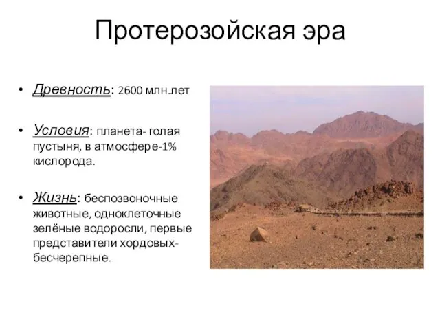 Протерозойская эра Древность: 2600 млн.лет Условия: планета- голая пустыня, в атмосфере-1% кислорода. Жизнь: