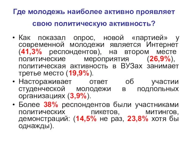 Где молодежь наиболее активно проявляет свою политическую активность? Как показал