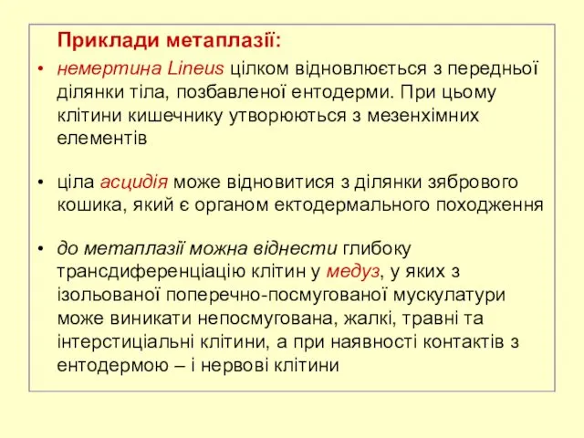 Приклади метаплазії: немертина Lineus цілком відновлюється з передньої ділянки тіла,