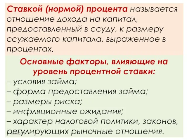 Основные факторы, влияющие на уровень процентной ставки: – условия займа;