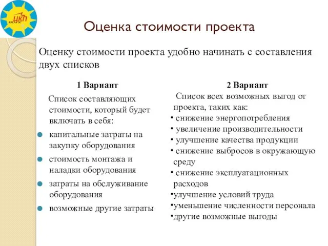 Оценка стоимости проекта 1 Вариант Список составляющих стоимости, который будет