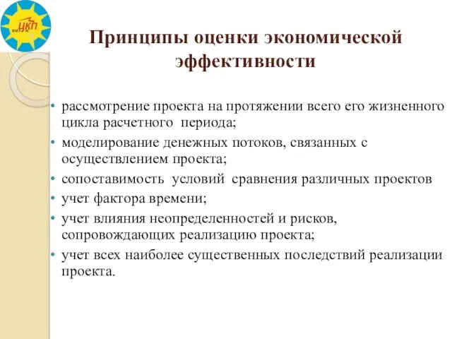 Принципы оценки экономической эффективности рассмотрение проекта на протяжении всего его