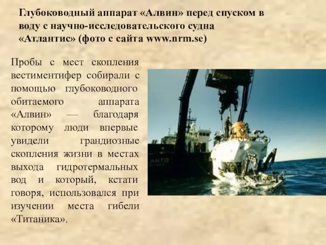 Глубоководный аппарат «Алвин» перед спуском в воду с научно-исследовательского судна