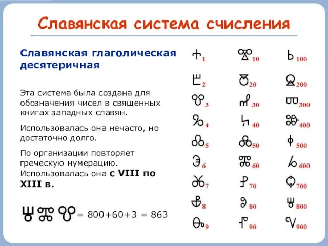 Славянская система счисления Славянская глаголическая десятеричная = 800+60+3 = 863