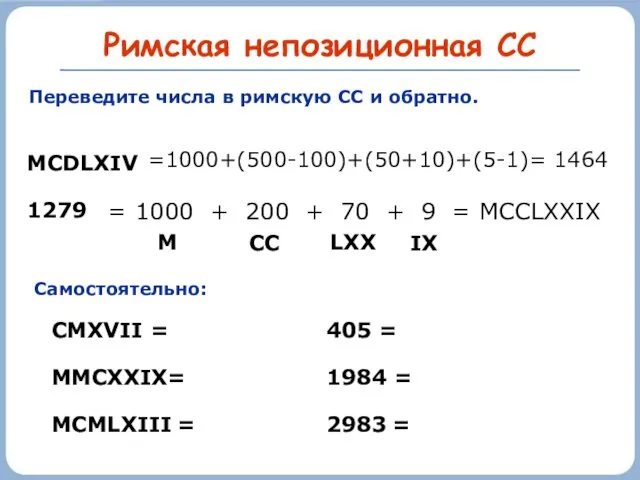 Римская непозиционная СС =1000+(500-100)+(50+10)+(5-1)= 1464 = 1000 + 200 + 70 + 9