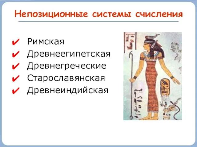 Непозиционные системы счисления Римская Древнеегипетская Древнегреческие Старославянская Древнеиндийская