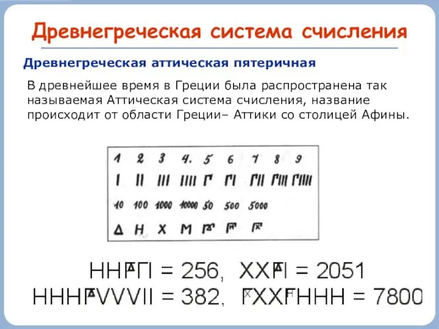 Древнегреческая система счисления Древнегреческая аттическая пятеричная В древнейшее время в