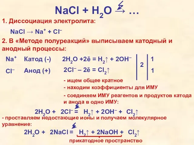 NaCl + H2O → … 1. Диссоциация электролита: NaCl →