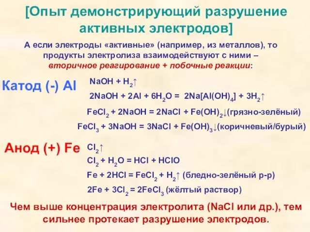 [Опыт демонстрирующий разрушение активных электродов] А если электроды «активные» (например,