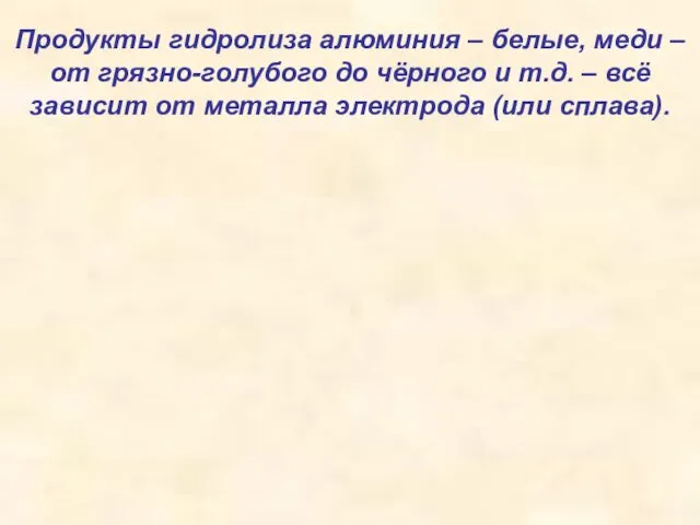 Продукты гидролиза алюминия – белые, меди – от грязно-голубого до