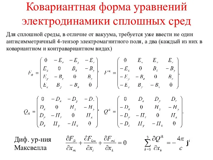 Ковариантная форма уравнений электродинамики сплошных сред Для сплошной среды, в