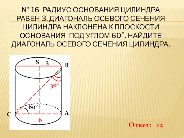 № 16 РАДИУС ОСНОВАНИЯ ЦИЛИНДРА РАВЕН 3. ДИАГОНАЛЬ ОСЕВОГО СЕЧЕНИЯ