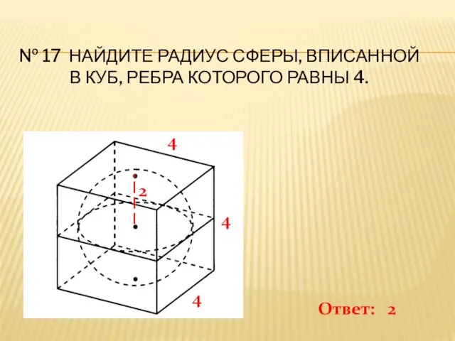 № 17 НАЙДИТЕ РАДИУС СФЕРЫ, ВПИСАННОЙ В КУБ, РЕБРА КОТОРОГО