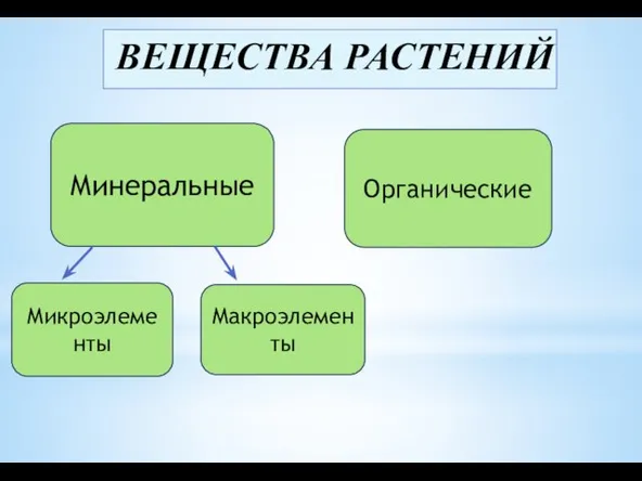 ВЕЩЕСТВА РАСТЕНИЙ Минеральные Органические Микроэлементы Макроэлементы