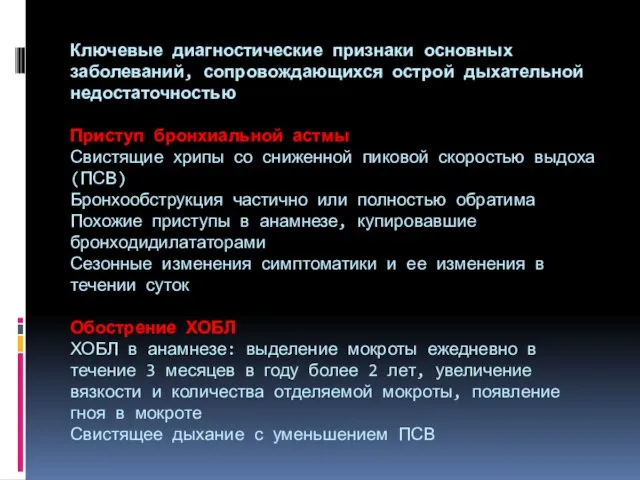 Ключевые диагностические признаки основных заболеваний, сопровождающихся острой дыхательной недостаточностью Приступ