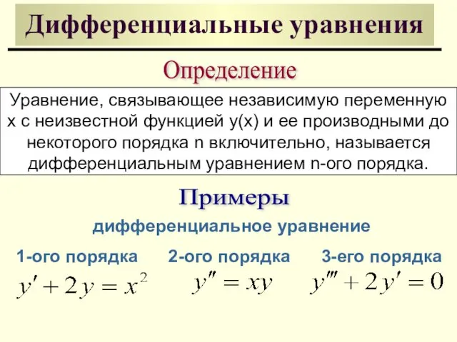 Дифференциальные уравнения Определение Уравнение, связывающее независимую переменную x с неизвестной