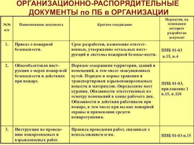 ОРГАНИЗАЦИОННО-РАСПОРЯДИТЕЛЬНЫЕ ДОКУМЕНТЫ по ПБ в ОРГАНИЗАЦИИ