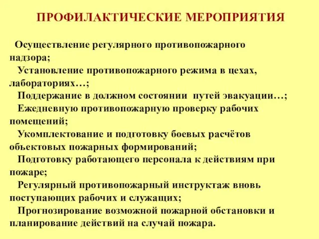 ПРОФИЛАКТИЧЕСКИЕ МЕРОПРИЯТИЯ Осуществление регулярного противопожарного надзора; Установление противопожарного режима в