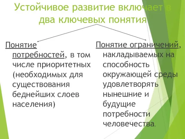 Устойчивое развитие включает в два ключевых понятия Понятие ограничений, накладываемых