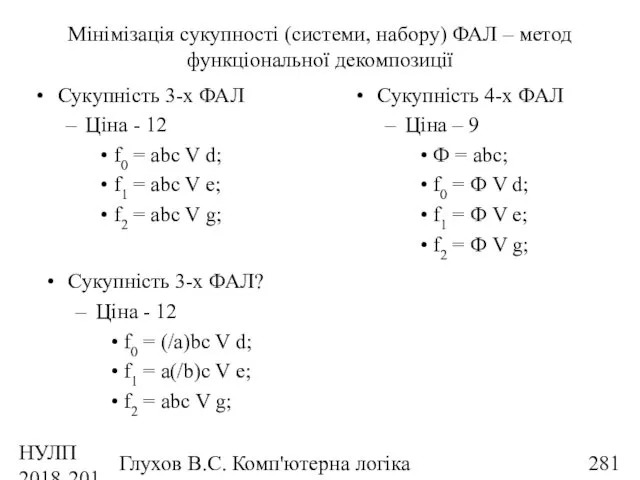 НУЛП 2018-2019 н.р. Глухов В.С. Комп'ютерна логіка Мінімізація сукупності (системи,