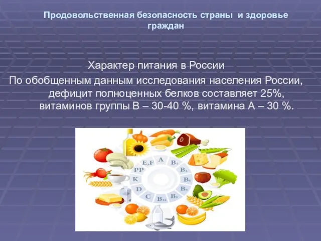 Продовольственная безопасность страны и здоровье граждан Характер питания в России