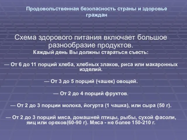 Продовольственная безопасность страны и здоровье граждан Схема здорового питания включает