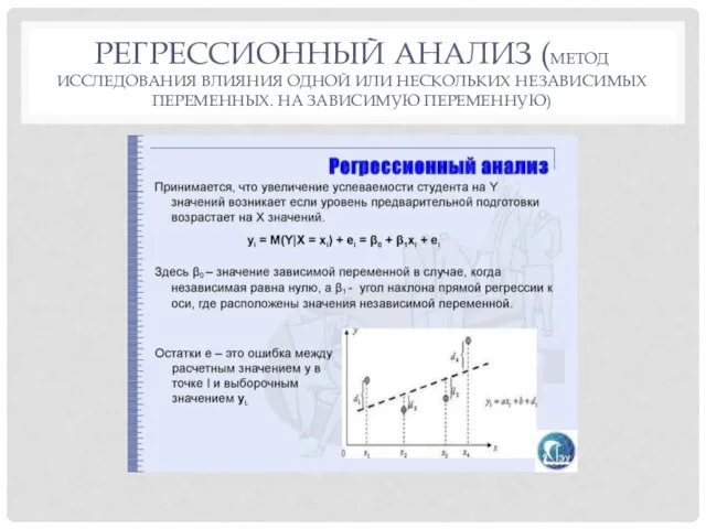 РЕГРЕССИОННЫЙ АНАЛИЗ (МЕТОД ИССЛЕДОВАНИЯ ВЛИЯНИЯ ОДНОЙ ИЛИ НЕСКОЛЬКИХ НЕЗАВИСИМЫХ ПЕРЕМЕННЫХ. НА ЗАВИСИМУЮ ПЕРЕМЕННУЮ)