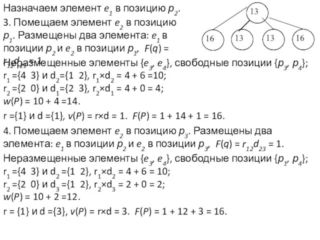 Назначаем элемент e1 в позицию р2. 3. Помещаем элемент e2