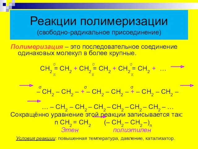 Реакции полимеризации (свободно-радикальное присоединение) Полимеризация – это последовательное соединение одинаковых молекул в более