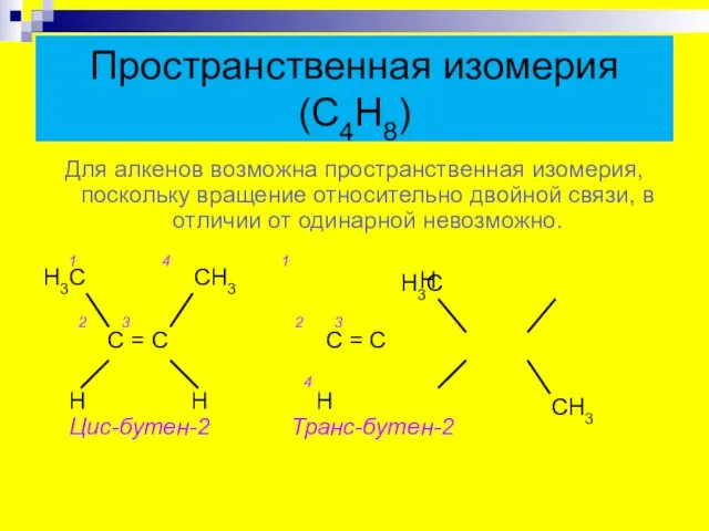 Пространственная изомерия (С4Н8) Для алкенов возможна пространственная изомерия, поскольку вращение относительно двойной связи,