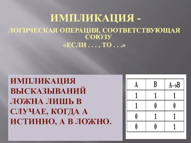 ИМПЛИКАЦИЯ - ЛОГИЧЕСКАЯ ОПЕРАЦИЯ, СООТВЕТСТВУЮЩАЯ СОЮЗУ «ЕСЛИ . . .