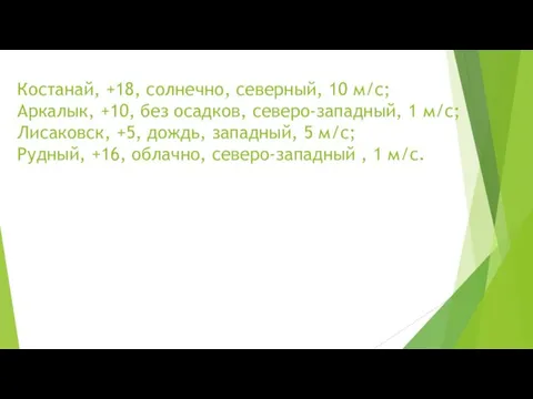 Костанай, +18, солнечно, северный, 10 м/с; Аркалык, +10, без осадков,