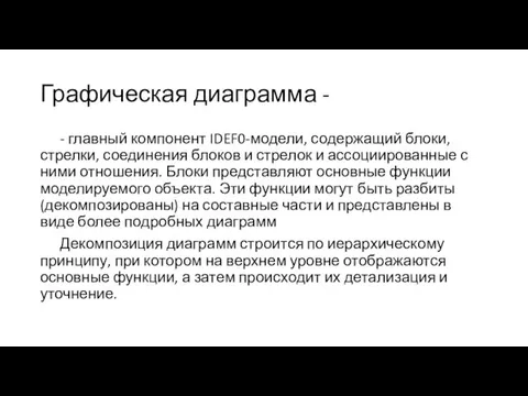 Графическая диаграмма - - главный компонент IDEF0-модели, содержащий блоки, стрелки,