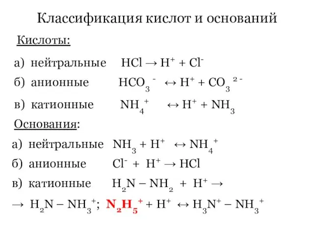 Классификация кислот и оснований Кислоты: а) нейтральные НCl → H+