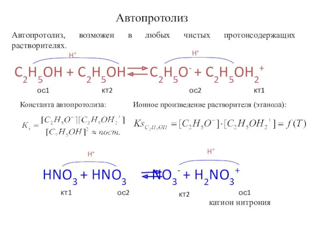 HNO3 + HNO3 NO3- + H2NO3+ H+ H+ кт1 ос2