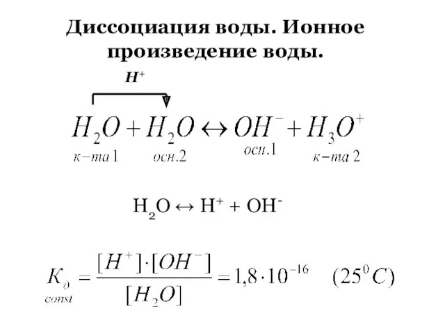 Диссоциация воды. Ионное произведение воды. Н2О ↔ Н+ + ОН-