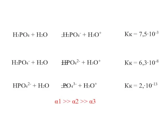 H3PO4 + H2O H2PO4- + H3O+ Кк = 7,5∙10-3 H2PO4-