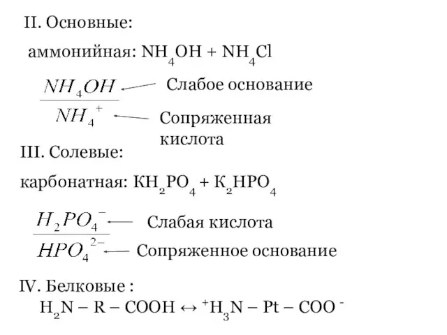 II. Основные: аммонийная: NH4OH + NH4Cl III. Солевые: карбонатная: КН2РО4